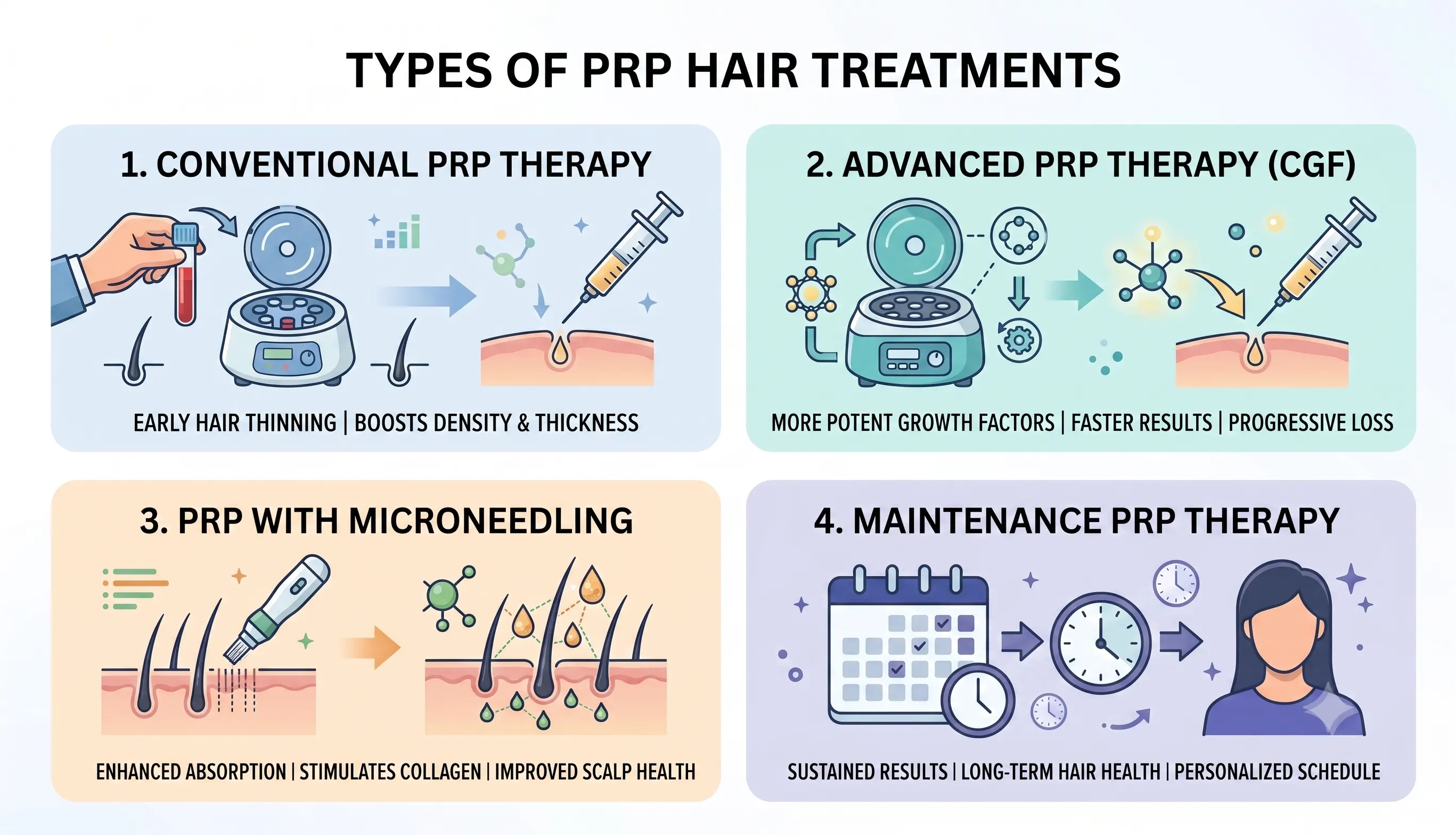 Types of PRP Hair Treatments including standard PRP therapy, advanced PRP and microneedling PRP at Alana Skin Hair Laser Clinic Mumbai